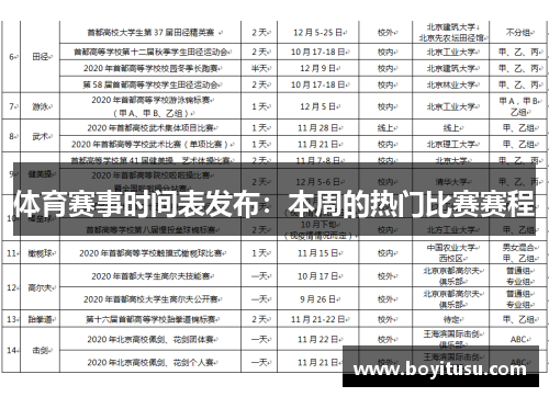 体育赛事时间表发布：本周的热门比赛赛程